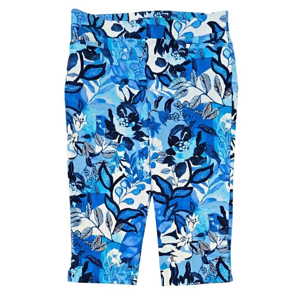 Chico's Brigitte Cool Floral Blue White Pull On Capri Pants Tummy Control